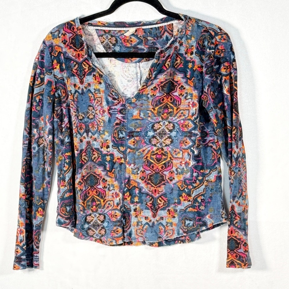 Pilcro Anthropologie Thermal Long Sleeve Shirt Colorful Print Women's Small‎ y2k